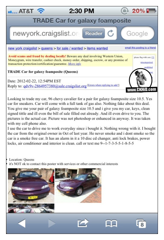 Galaxy Foamposites on Craigslist, User wants to Trade Sneakers for Car